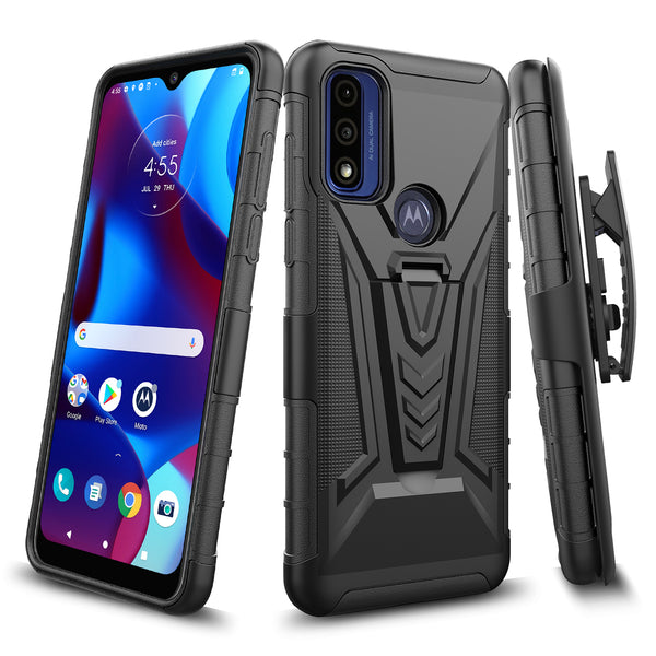 holster kickstand hyhrid phone case for motorola moto g pure - black - www.coverlabusa.com
