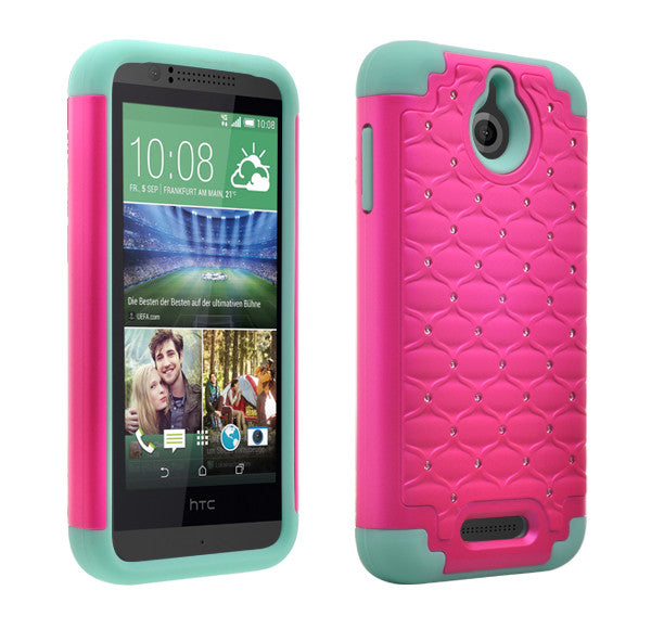 HTC Desire 510 Hybrid Rhinestone Case Cover - Hot Pink/Teal - www.coverlabusa.com