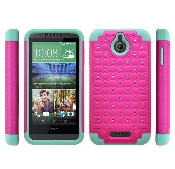 HTC Desire 510 Hybrid Rhinestone Case Cover - Hot Pink/Teal - www.coverlabusa.com