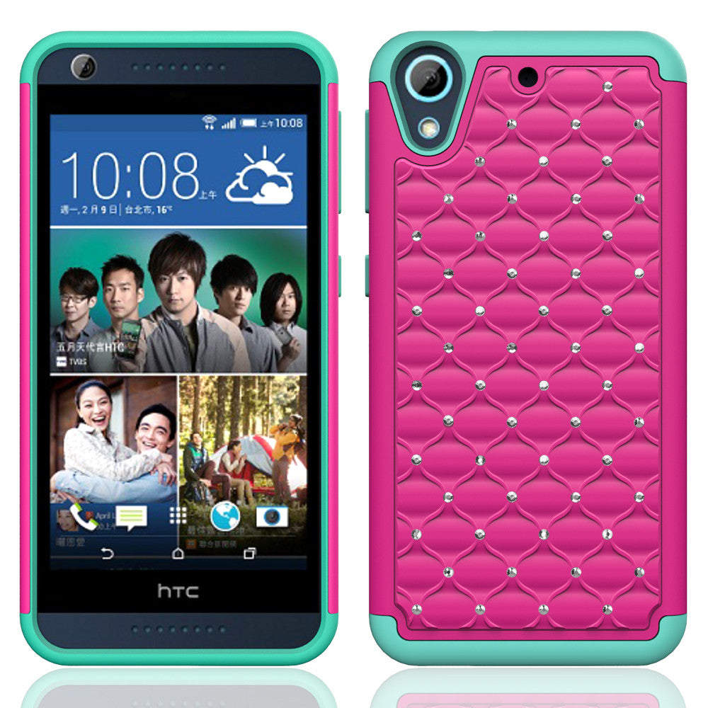 HTC Desire 626 Hybrid Rhinestone Case Cover - Hot Pink/Teal - www.coverlabusa.com