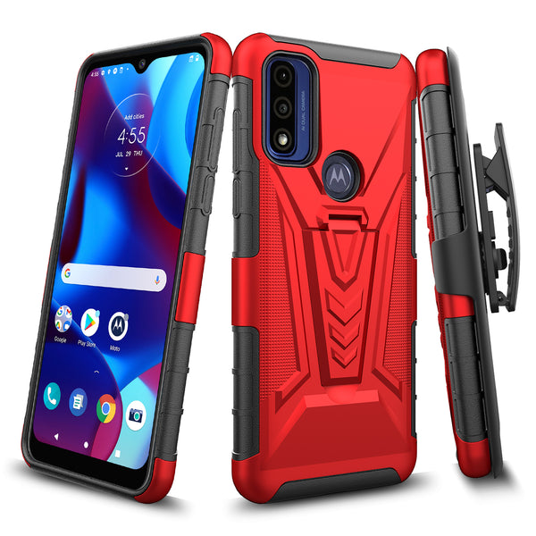 holster kickstand hyhrid phone case for motorola moto g pure - red - www.coverlabusa.com