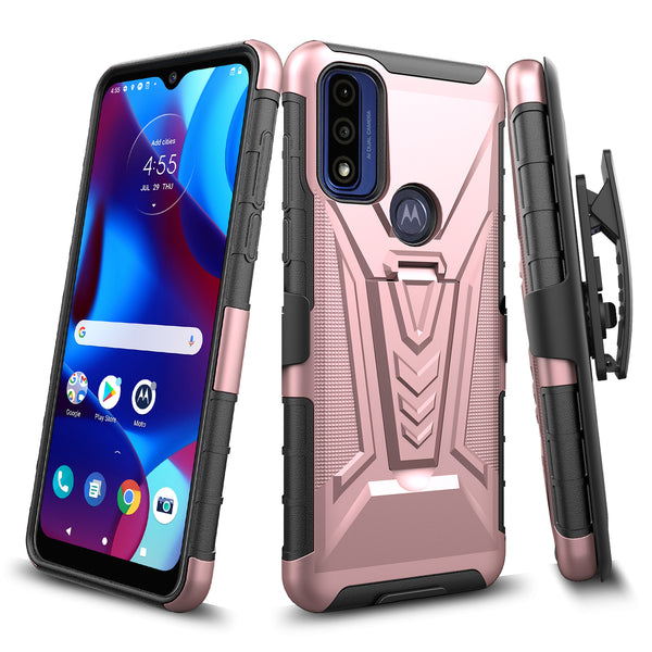holster kickstand hyhrid phone case for motorola moto g pure - rose gold - www.coverlabusa.com
