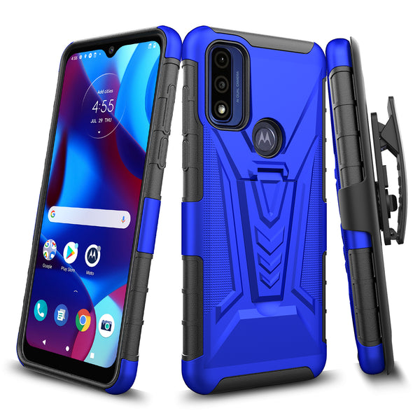 holster kickstand hyhrid phone case for motorola moto g pure - blue - www.coverlabusa.com