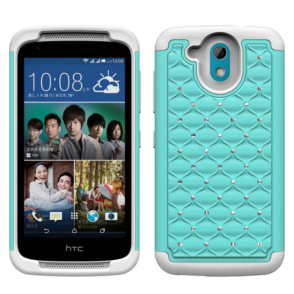 HTC Desire 526 Rhinestone Case - Baby Teal/White - www.coverlabusa.com