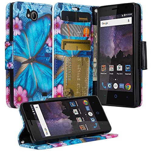 zte tempo blue butterfly wallet case - www.coverlabusa.com