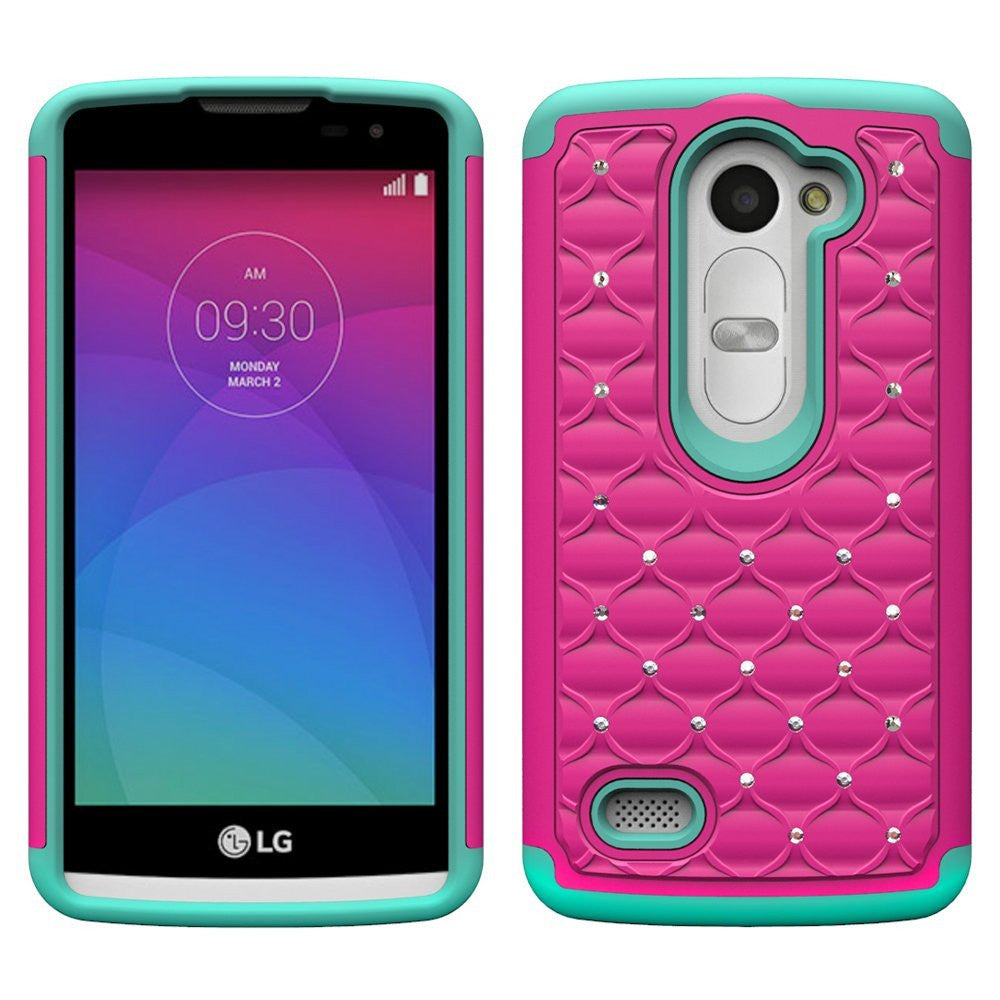 LG Leon LTE Case | Lg Tribute 2 Case | LG Power | LG Sunset | LG Destiny | LG Risio Hybrid Rhinestone Case Cover - Hot Pink/Teal - www.coverlabusa.com