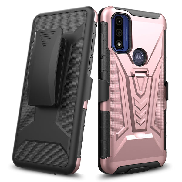 holster kickstand hyhrid phone case for motorola moto g pure - rose gold - www.coverlabusa.com