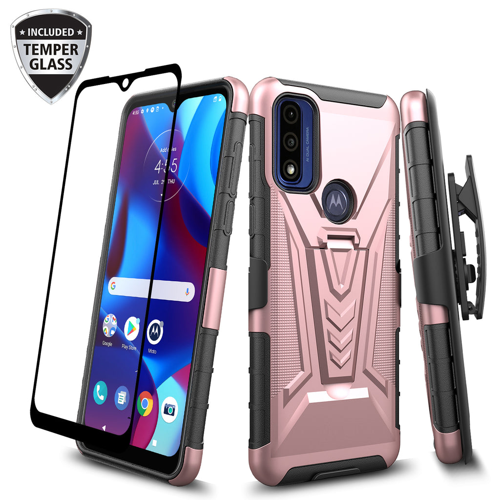 holster kickstand hyhrid phone case for motorola moto g pure - rose gold - www.coverlabusa.com