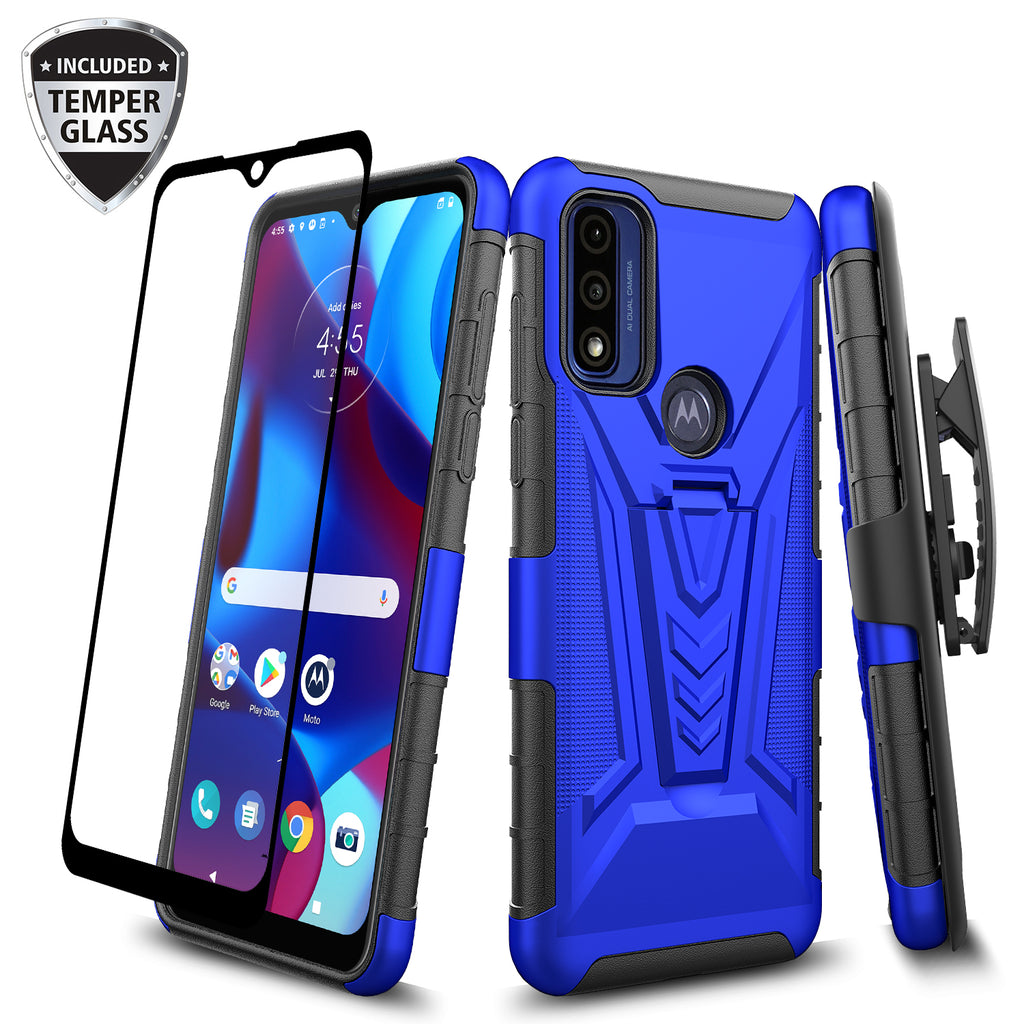 holster kickstand hyhrid phone case for motorola moto g pure - blue - www.coverlabusa.com