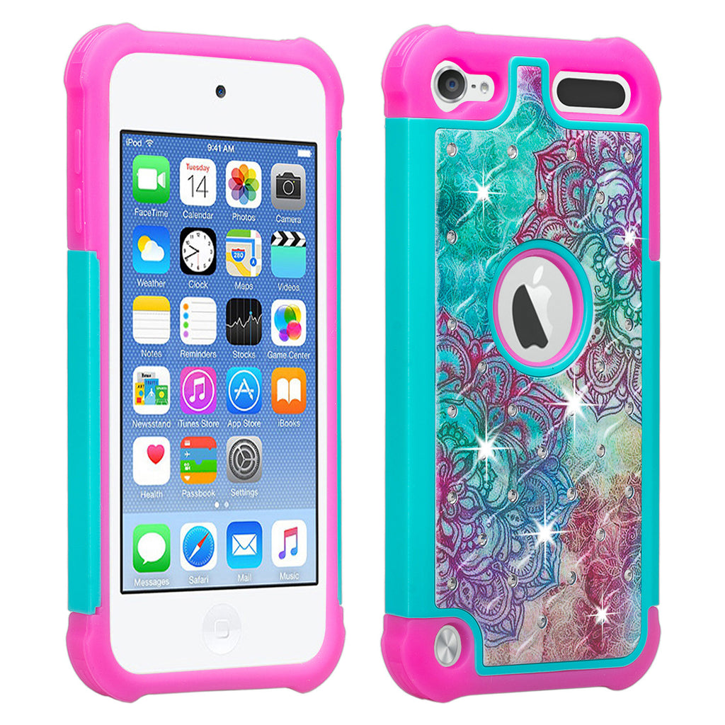 apple ipod touch6 diamond rhinestone case - teal flower - www.coverlabusa.com