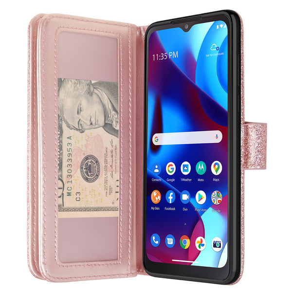 motorola moto g pure glitter wallet case - rose gold - www.coverlabusa.com