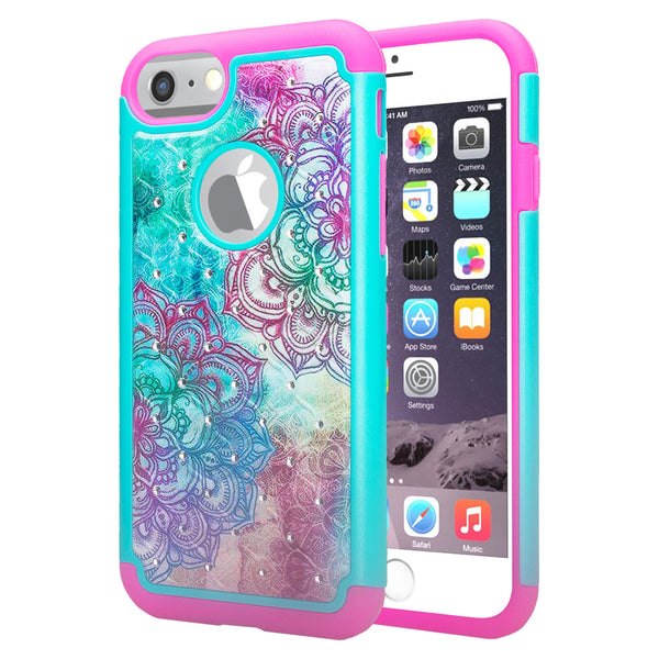 apple iphone 8 case crystal rhinestone - teal flower - www.coverlabusa.com