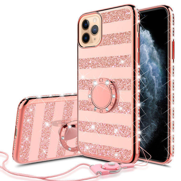 apple iphone 11 pro max glitter bling fashion 3 in 1 case - rose gold stripe - www.coverlabusa.com