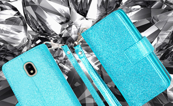 Samsung Galaxy J3(2018) glitter wallet case - teal - www.coverlabusa.com