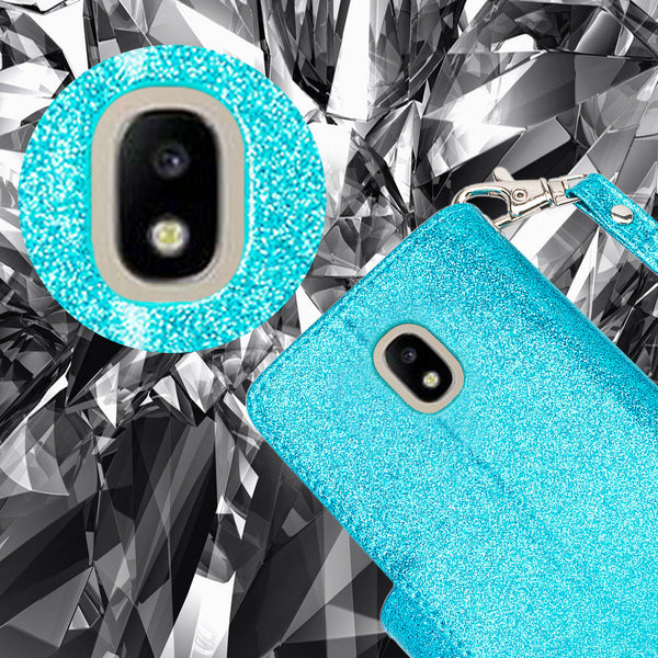 Samsung Galaxy J3(2018) glitter wallet case - teal - www.coverlabusa.com