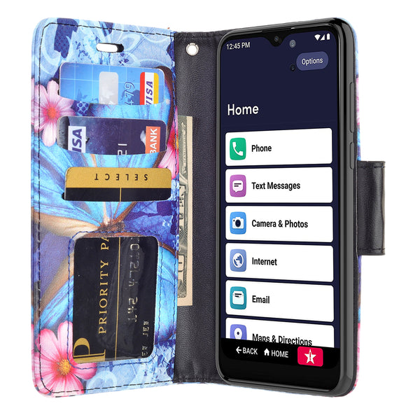 alcatel jitterbug smart 3 wallet case - blue butterfly - www.coverlabusa.com
