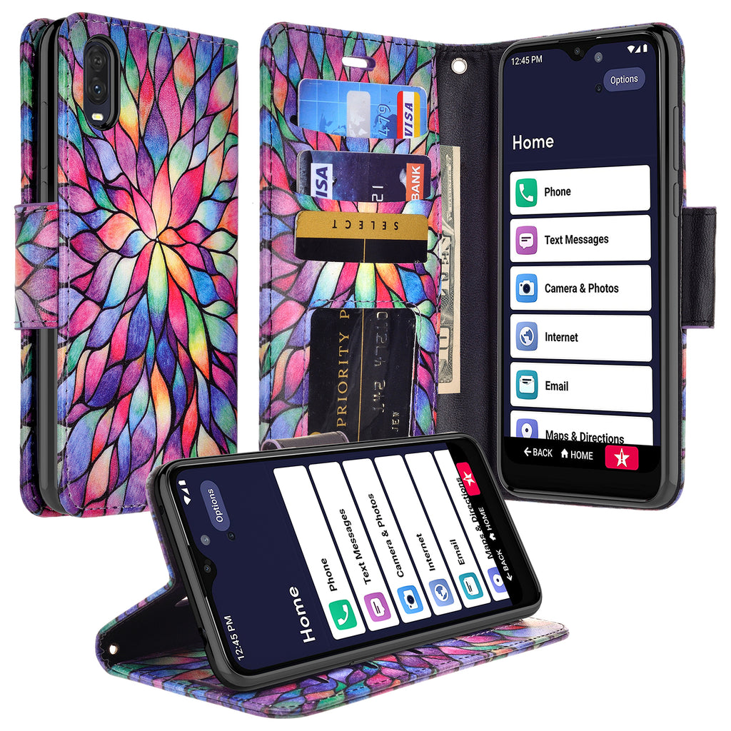 alcatel jitterbug smart 3 wallet case - rainbow flower - www.coverlabusa.com