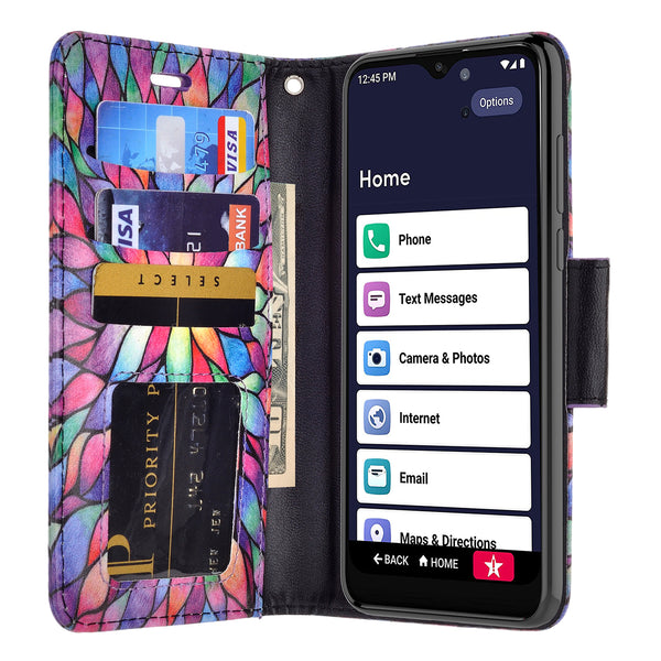 alcatel jitterbug smart 3 wallet case - rainbow flower - www.coverlabusa.com