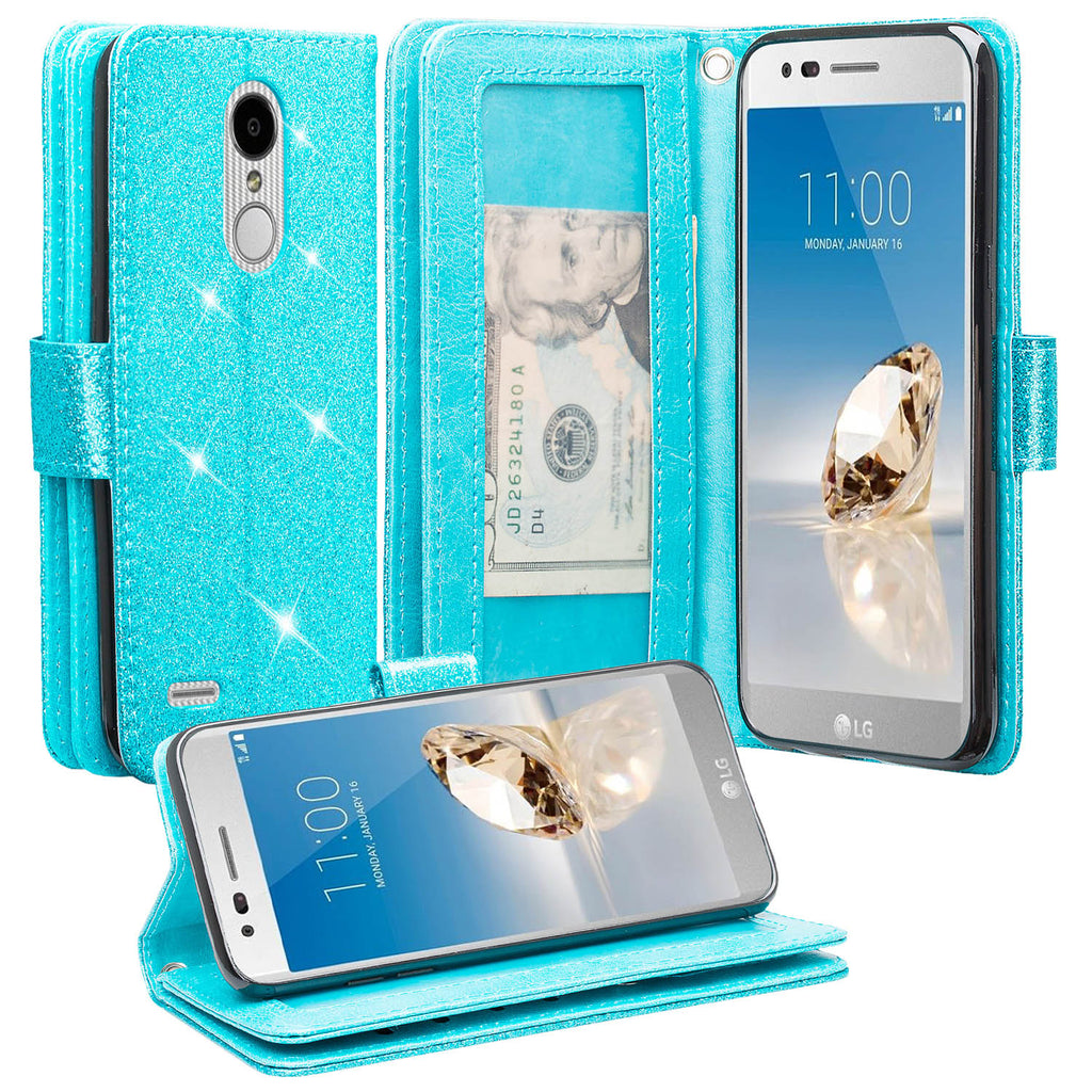 LG Aristo 2 Glitter Wallet Case - Teal - www.coverlabusa.com