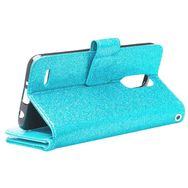 LG Aristo 2 Glitter Wallet Case - Teal - www.coverlabusa.com