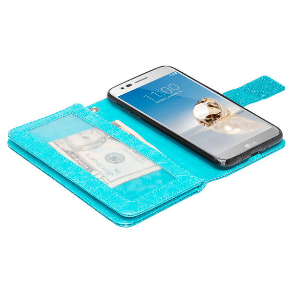 LG Aristo 2 Glitter Wallet Case - Teal - www.coverlabusa.com