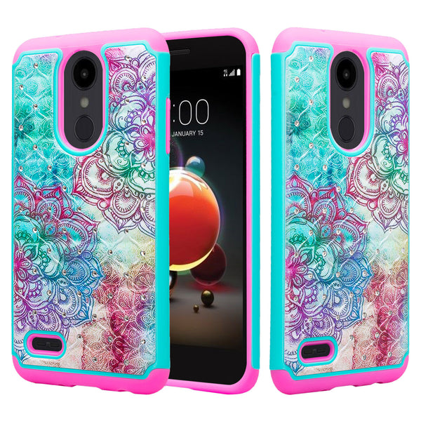 lg aristo 2 case crystal rhinestone - teal flower - www.coverlabusa.com