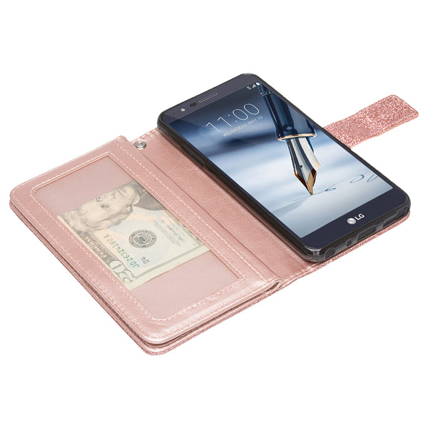 lg aristo 4 plus glitter wallet case - rose gold - www.coverlabusa.com