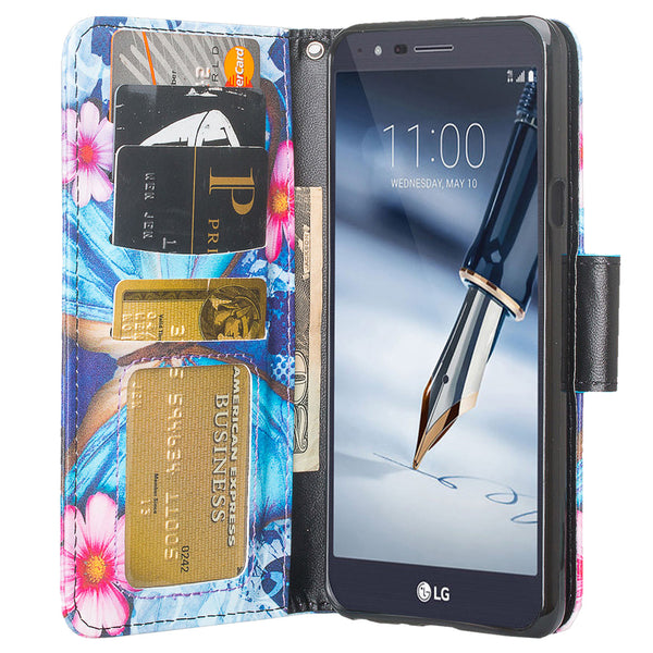 lg aristo 4 plus wallet case - blue butterfly - www.coverlabusa.com