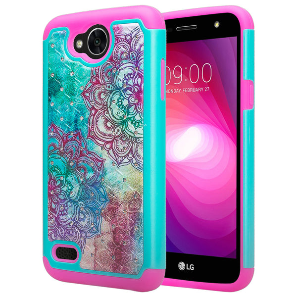 lg x power 2 case crystal rhinestone - teal flower - www.coverlabusa.com