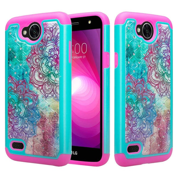 lg x power 2 case crystal rhinestone - teal flower - www.coverlabusa.com