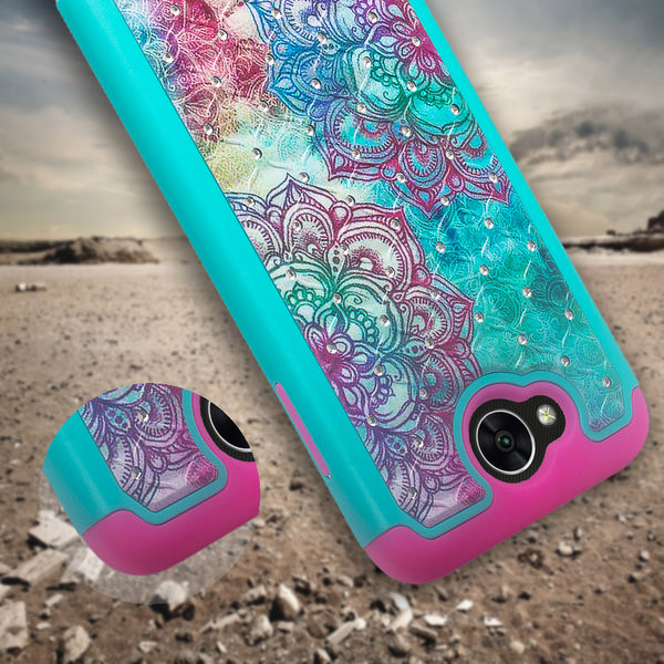 lg x power 2 case crystal rhinestone - teal flower - www.coverlabusa.com