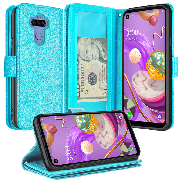 lg aristo 5 plus glitter wallet case - teal - www.coverlabusa.com
