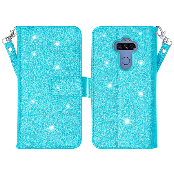 lg aristo 5 plus glitter wallet case - teal - www.coverlabusa.com