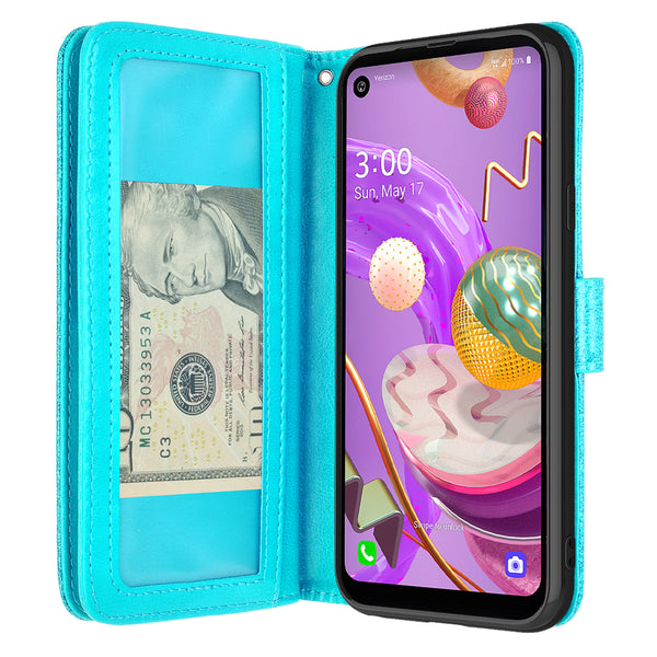 lg aristo 5 plus glitter wallet case - teal - www.coverlabusa.com