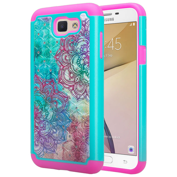 galaxy j7 prime diamond rhinestone case - teal flower - www.coverlabusa.com