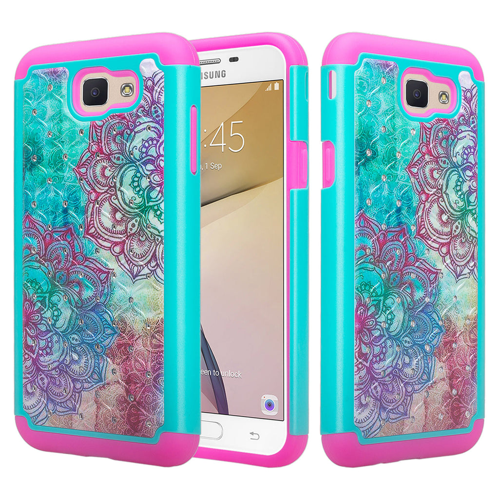 galaxy j7 prime diamond rhinestone case - teal flower - www.coverlabusa.com