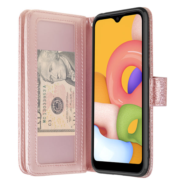 samsung galaxy a01 glitter wallet case - rose gold - www.coverlabusa.com