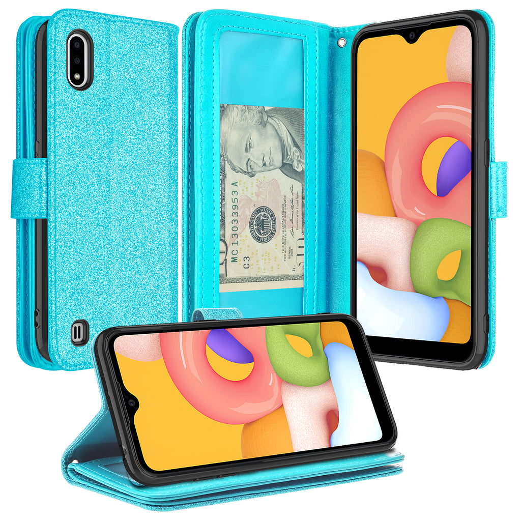 samsung galaxy a01 glitter wallet case - teal - www.coverlabusa.com