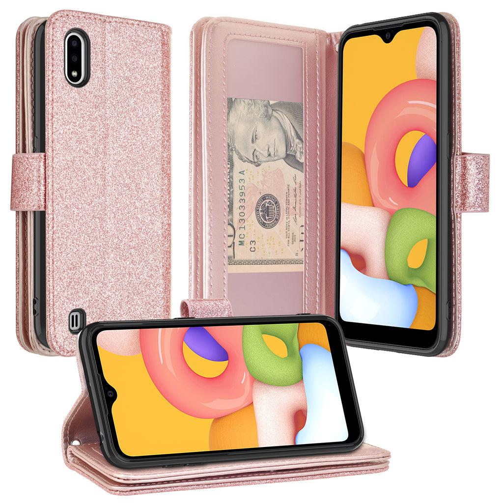 samsung galaxy a01 glitter wallet case - rose gold - www.coverlabusa.com