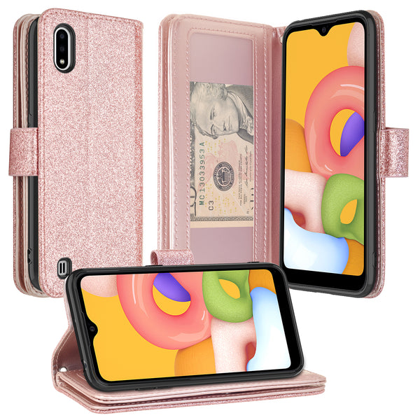 samsung galaxy a01 glitter wallet case - rose gold - www.coverlabusa.com
