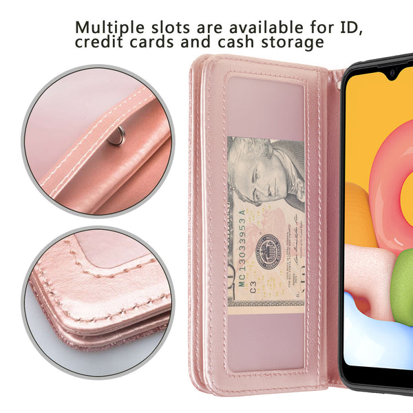 samsung galaxy a01 glitter wallet case - rose gold - www.coverlabusa.com