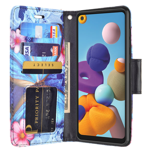 samsung galaxy a21 wallet case - blue butterfly - www.coverlabusa.com