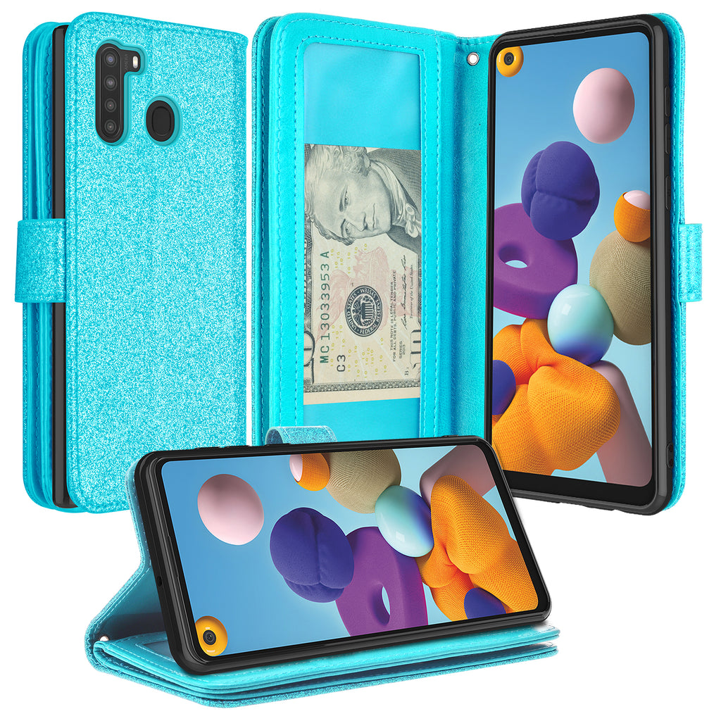samsung galaxy a21 glitter wallet case - teal - www.coverlabusa.com