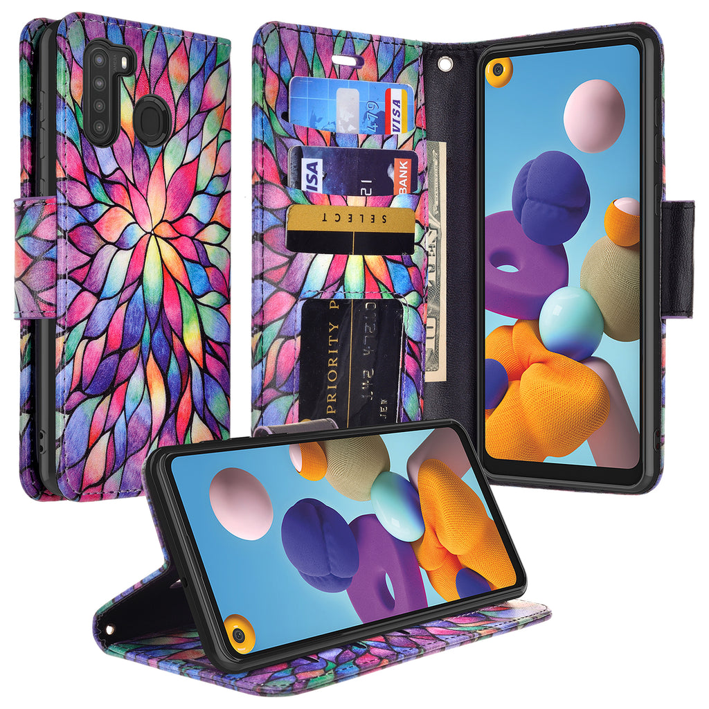 samsung galaxy a21 wallet case - rainbow flower - www.coverlabusa.com