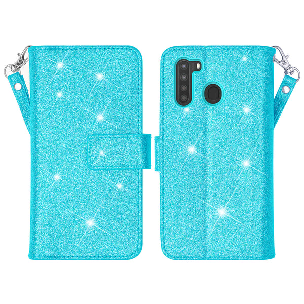 samsung galaxy a21 glitter wallet case - teal - www.coverlabusa.com