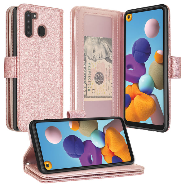 samsung galaxy a21 glitter wallet case - rose gold - www.coverlabusa.com