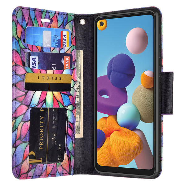samsung galaxy a21 wallet case - rainbow flower - www.coverlabusa.com