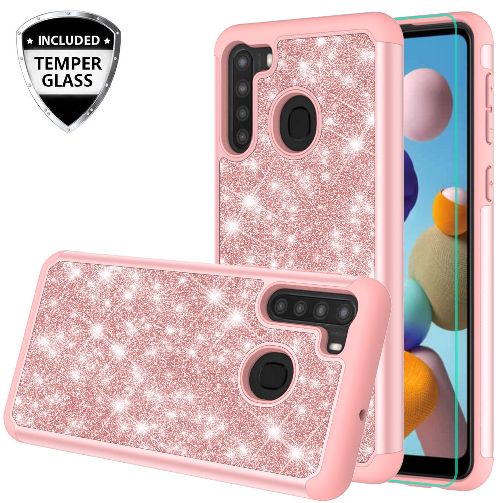 samsung galaxy a21 glitter hybrid case - rose gold - www.coverlabusa.com