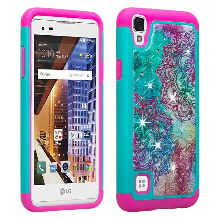 LG Tribute HD Case, Hard PC Soft Rubber Hybrid Bling Diamond Protective Cover , Teal Flower, www.coverlabusa.com