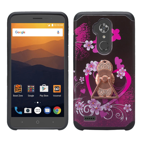 ZTE Max XL Case, ZTE Blade Max 3 Case, ZTE Zmax Pro 2 Hybrid Defender Protective Case Cover w/ Fidget Spinner - (Heart Butterflies)- www.coverlabusa.com